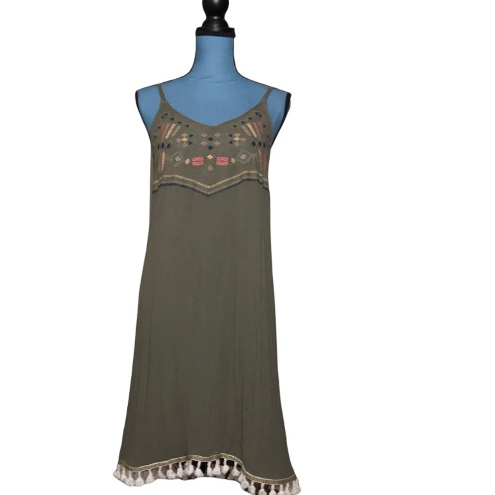 Spense 6 Sage Green Embroidered Tassel Hem Spaghetti Strap Slip Dress Boho Lined